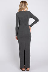 Charcoal Solid Long Sleeve Scoop Neck Maxi Dress