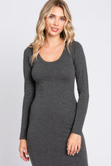 Charcoal Solid Long Sleeve Scoop Neck Maxi Dress