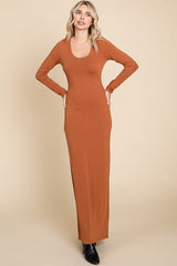 Camel Solid Long Sleeve Scoop Neck Maternity Maxi Dress