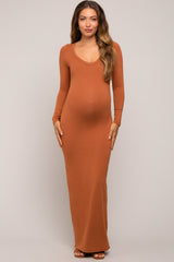 Camel Solid Long Sleeve Scoop Neck Maternity Maxi Dress