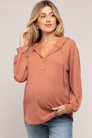 Rust Button Accent Hooded Maternity Henley Top