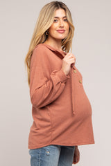 Rust Button Accent Hooded Maternity Henley Top