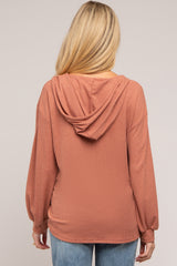 Rust Button Accent Hooded Maternity Henley Top