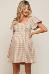 Taupe Plaid Square Neck Short Puff Sleeve Maternity Dress