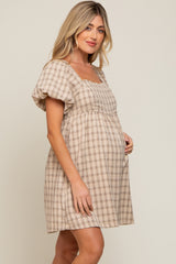 Taupe Plaid Square Neck Short Puff Sleeve Maternity Dress