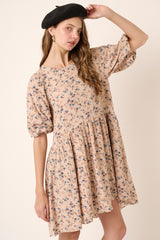 Dusty Blush Flower Print Balloon Sleeve Babydoll Mini Dress