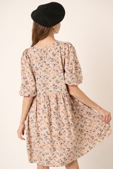 Dusty Blush Flower Print Balloon Sleeve Babydoll Mini Dress