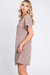 Mocha Ribbed Front Pocket Dolman Short Sleeve Dress