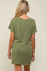 Olive Ribbed Front Pocket Dolman Short Sleeve Maternity Dress