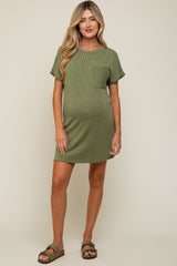 Olive Ribbed Front Pocket Dolman Short Sleeve Maternity Dress