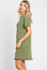 Olive Ribbed Front Pocket Dolman Short Sleeve Dress