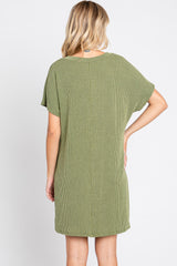 Olive Ribbed Front Pocket Dolman Short Sleeve Dress