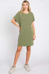 Olive Ribbed Front Pocket Dolman Short Sleeve Dress