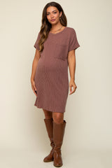 Brown Ribbed Front Pocket Dolman Short Sleeve Maternity Dress