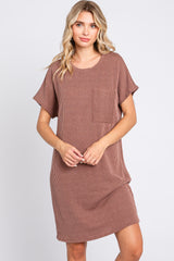 Brown Ribbed Front Pocket Dolman Short Sleeve Maternity Dress