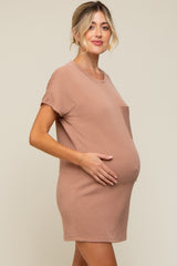 Camel Ribbed Front Pocket Dolman Short Sleeve Maternity Dress