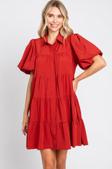 Rust Puff Sleeve Mini Shirt Dress