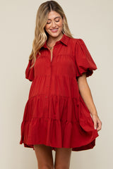 Rust Puff Sleeve Maternity Mini Shirt Dress