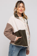 Olive Color Block Sherpa Contrast Pocket Maternity Jacket