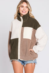 Olive Color Block Sherpa Contrast Pocket Jacket