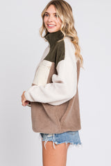 Olive Color Block Sherpa Contrast Pocket Jacket