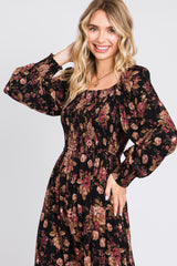 Black Floral Smocked Long Sleeve Midi Dress