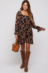 Black Floral Chiffon Square Neck Dress