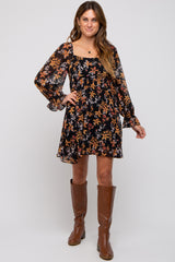 Black Floral Chiffon Square Neck Dress