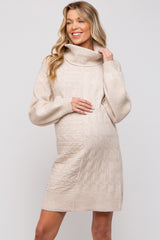 Beige Cable Knit Maternity Mini Sweater Dress