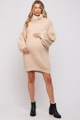 Cream Turtleneck Puff Sleeve Maternity Sweater Dress