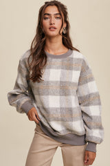 Grey Plaid Fuzzy Knit Maternity Pullover Sweater