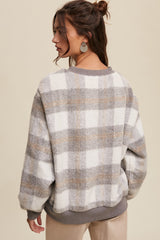 Grey Plaid Fuzzy Knit Pullover Sweater