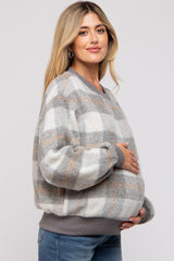 Grey Plaid Fuzzy Knit Maternity Pullover Sweater