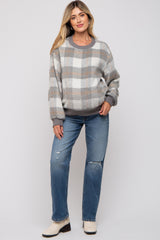 Grey Plaid Fuzzy Knit Maternity Pullover Sweater