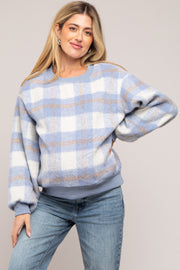 Light Blue Plaid Fuzzy Knit Maternity Pullover Sweater