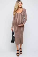 Brown Cable Knit Maternity Fitted Midi Dress