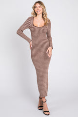 Brown Cable Knit Fitted Midi Dress