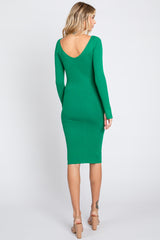 Green Ribbed Knit Long Sleeve Fitted Dress