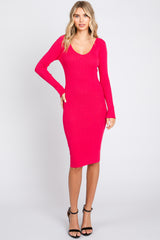 Magenta Ribbed Knit Long Sleeve Fitted Maternity Dress