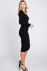 Black Ribbed Knit Fitted Long Sleeve Dress