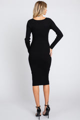 Black Ribbed Knit Fitted Long Sleeve Dress