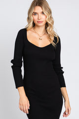 Black Ribbed Knit Fitted Long Sleeve Dress