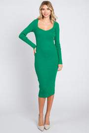 Green Ribbed Knit Fitted Long Sleeve Dress