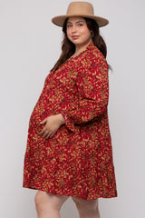 Red Leaf Print Long Sleeve Maternity Plus Dress