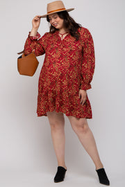 Red Leaf Print Long Sleeve Maternity Plus Dress