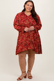 Red Leaf Print Long Sleeve Plus Dress