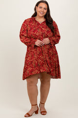 Red Leaf Print Long Sleeve Maternity Plus Dress