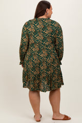 Forest Green Leaf Print Long Sleeve Plus Dress