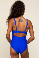 Royal Blue Ruched Sides Front Cutout One Piece Swimsuit