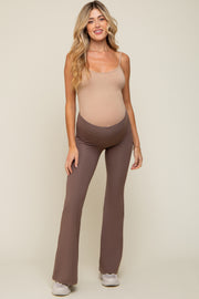 Taupe Ribbed High Waist Wide Leg Maternity Leggings